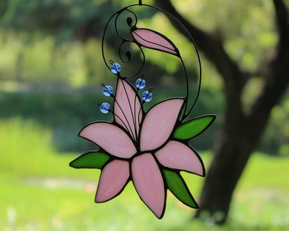 Lily Love Flower Gifts for Her Women, Mothers Day Anniversary Love Gift for Wife Girlfriend, Stained Glass Window Hanging Floral Suncatcher Gifts, Valentine Day Gift for Her