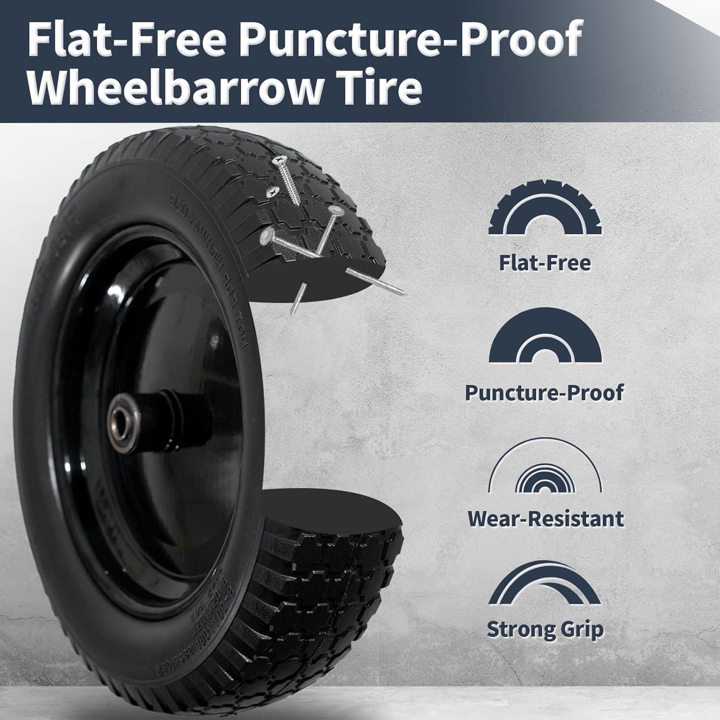 Wheelbarrow Tire 4.80/4.00-8 Flat Free Solid Tire Wheel 14.5 Inch, Replacement Heavy Duty Wheel, with 5.8" and 3.4" Bearings 3" Center Hub, fits Garden Cart, Dolly, Hand Truck, Trailer, Wagon, 2 Pcs