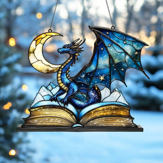Dragon Moon Book Bookworm Acrylic Suncatcher Stained Glass Effect Window Car Hanging Christmas