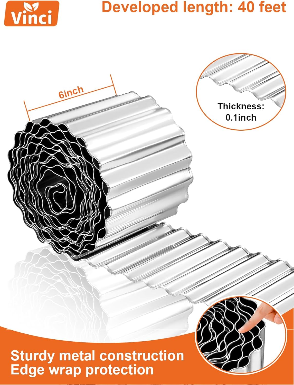 Vinci Garden Landscape Edging Border, 6 Inch x 40 FT Corrugated Sturdy Metal Easy Installation Safe Hemmed Lawn Garden Border Edges for DIY Flower Beds, Pathways and Patio Design (Silver)
