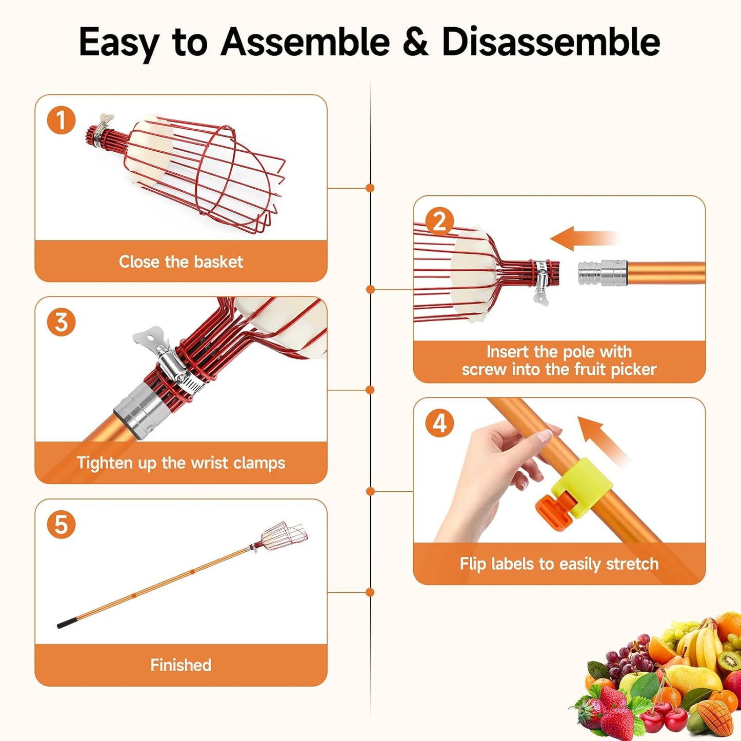 SANLIKE Fruit Picker Tool 8FT Telescoping Fruit Picker Pole, Easy to Assemble Twist-On Apple Basket, Lightweight Aluminum Fruit Picking Equipment for Getting Fruits Apple Orange Pear Mangoes