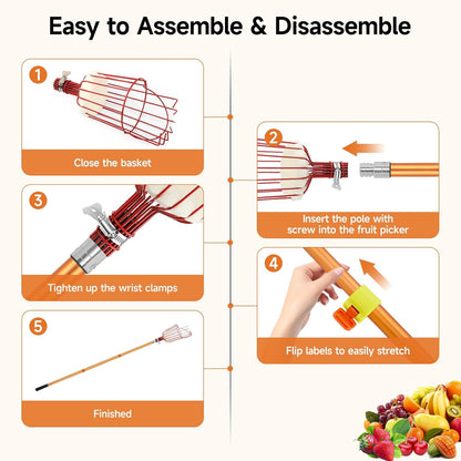 SANLIKE Fruit Picker Tool 12FT Telescoping Fruit Picker Pole, Easy to Assemble Twist-On Apple Basket, Lightweight Aluminum Fruit Picking Equipment for Getting Fruits Apple Orange Pear Mangoes