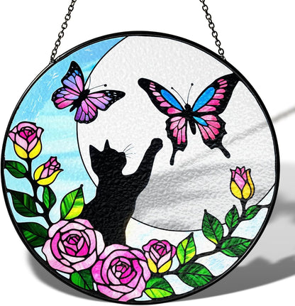 7.8" Cat Stained Glass Butterfly on Moon, Suncatcher Window Hanging, Suncatcher Garden Decor Housewarming, Gifts for Cat Lovers, Nature Lovers, Women, Mom, Friends PET-05D-SG8
