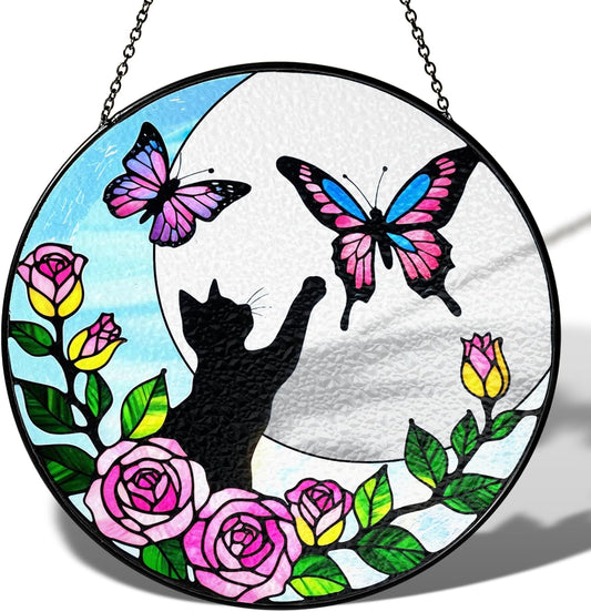 7.8" Cat Stained Glass Butterfly on Moon, Suncatcher Window Hanging, Suncatcher Garden Decor Housewarming, Gifts for Cat Lovers, Nature Lovers, Women, Mom, Friends PET-05D-SG8