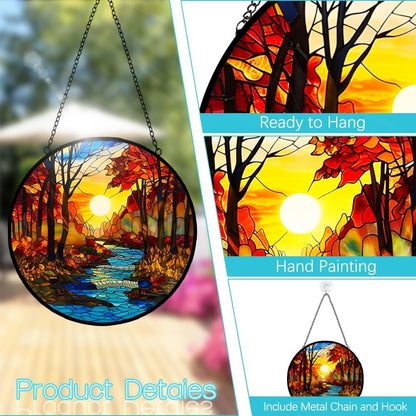 Fall Decor Sunrise Tree and River Landscape Stained Glass Suncatcher for Window Hanging - Mountains Sun Catchers Diamond Glass Panel Hangings Wall Decor - Birthday Gift for Mom Grandma Nature Lovers