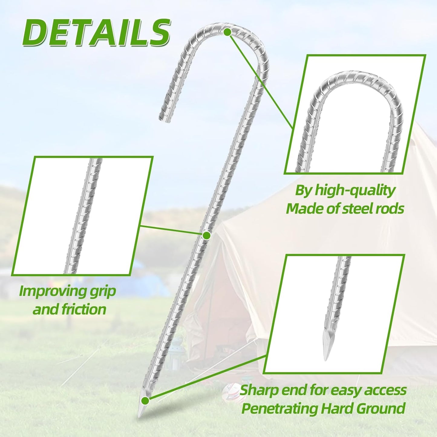 Rebar Stakes 12inx6mm Galvanized J Hook 6pcs – Heavy Duty Ground Tent Stakes for Fence,Bounce House,Outdoor Plants,Artificial Turf,Dog Coop,Metal Stakes for Christmas Decorations