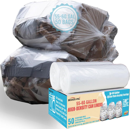 55-60 Gallon Trash Bags, 50 Count Bulk, Heavy Duty Clear Plastic Recycling Bags, Multi-purpose