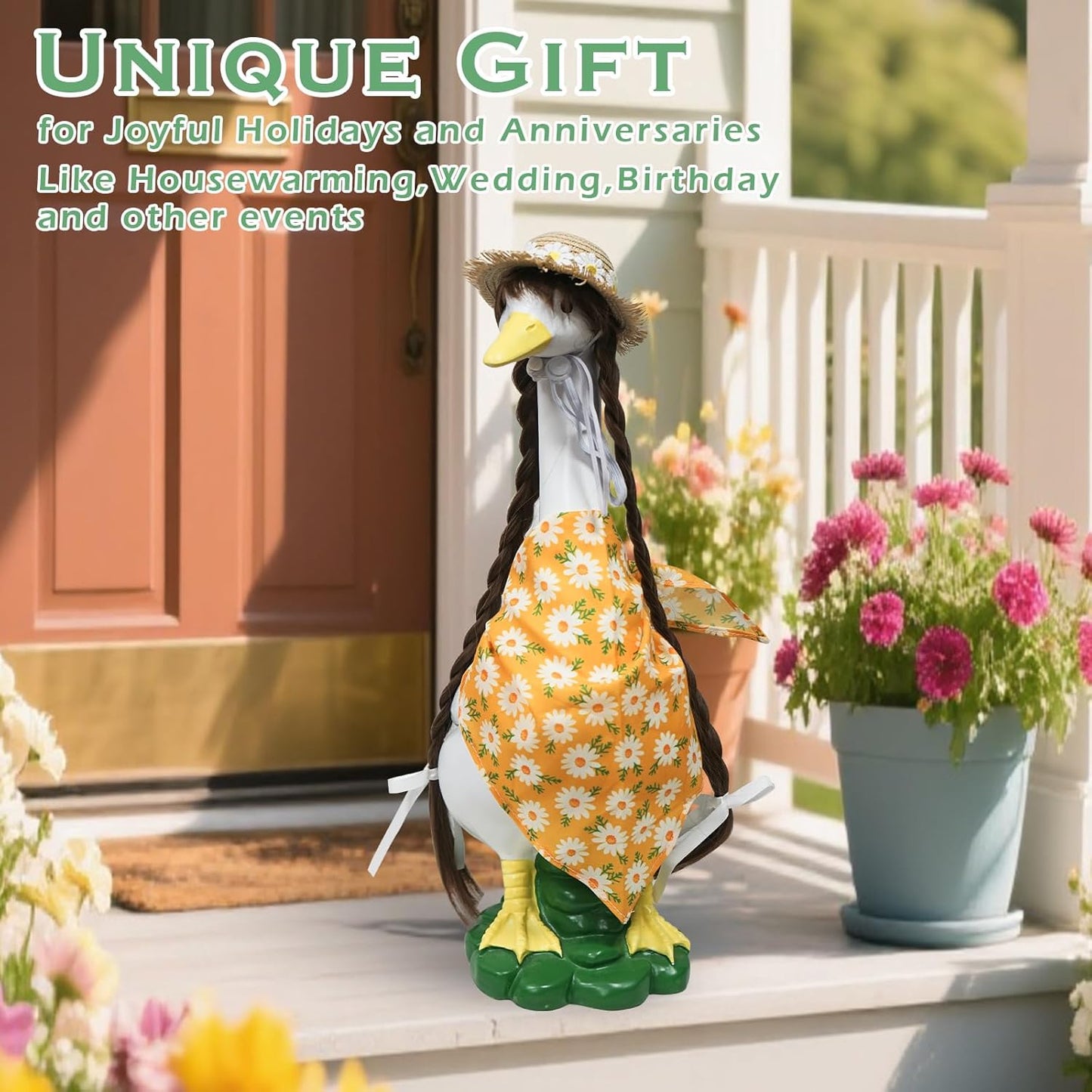 Porch Goose Outfits Statue Decor-20 Large Goose Decrations, Resin Sculpture Wear Yellow Daisy Scarf Clothing, Funny Goose, Big Duck Statue for Yard Lawn Housewarming Birthday Gifts for Mom,Women,Girl
