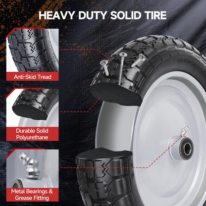 4.80/4.00-8 Tire and Wheel, 14.5" Flat Free Wheelbarrow Tire, 5/8" 3/4" Bearings Universal Solid Replacement Tires, 3" -7" Centered Hub for Hand Truck, Garden Cart, Includes Spacer Kit