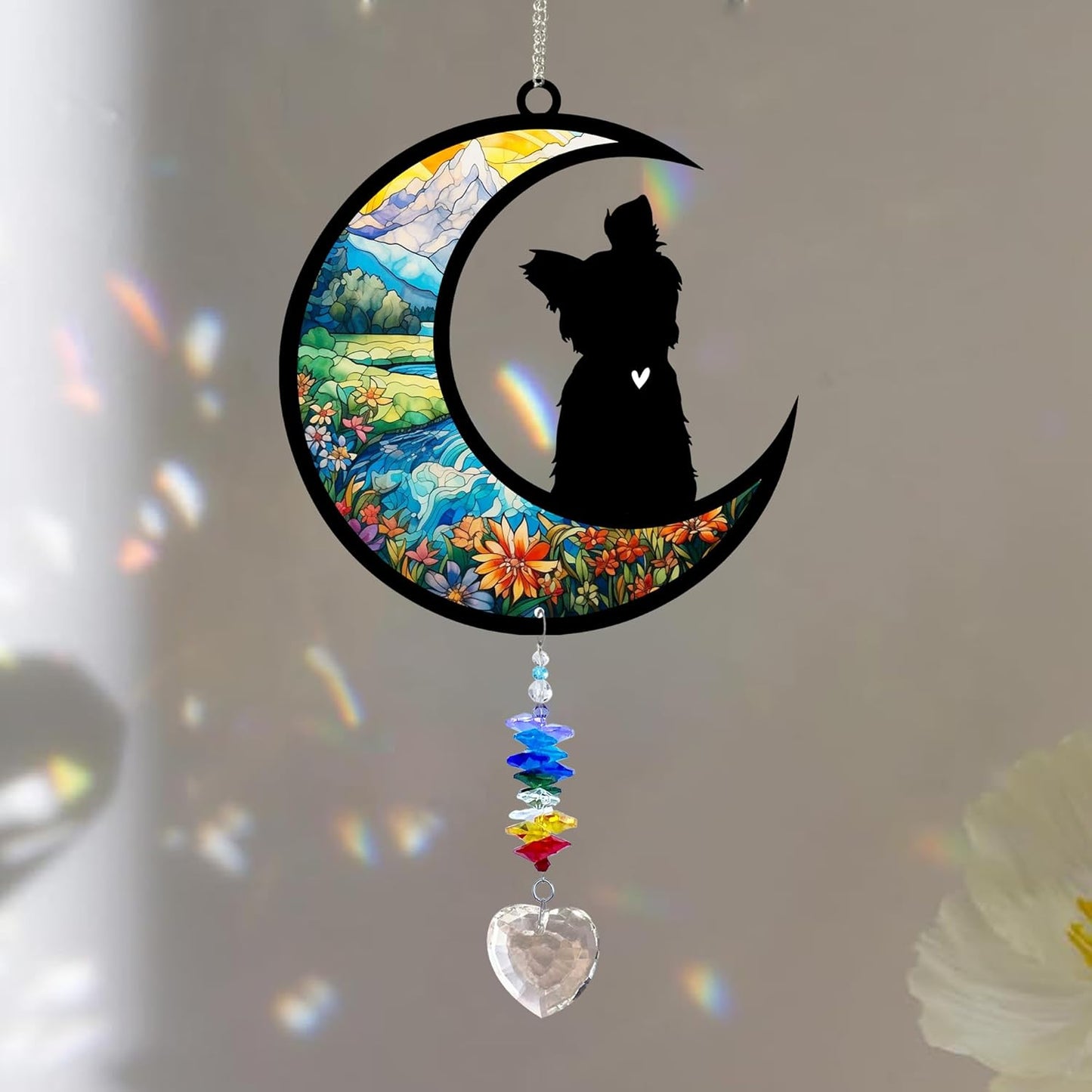 Yorkshire Terrier Suncatcher, Personalized Pet Loss Gift with Name & Date, Heart-Shaped Crystal Sun Catcher, Dog Remembrance Sympathy Rainbow Maker for Window & Garden
