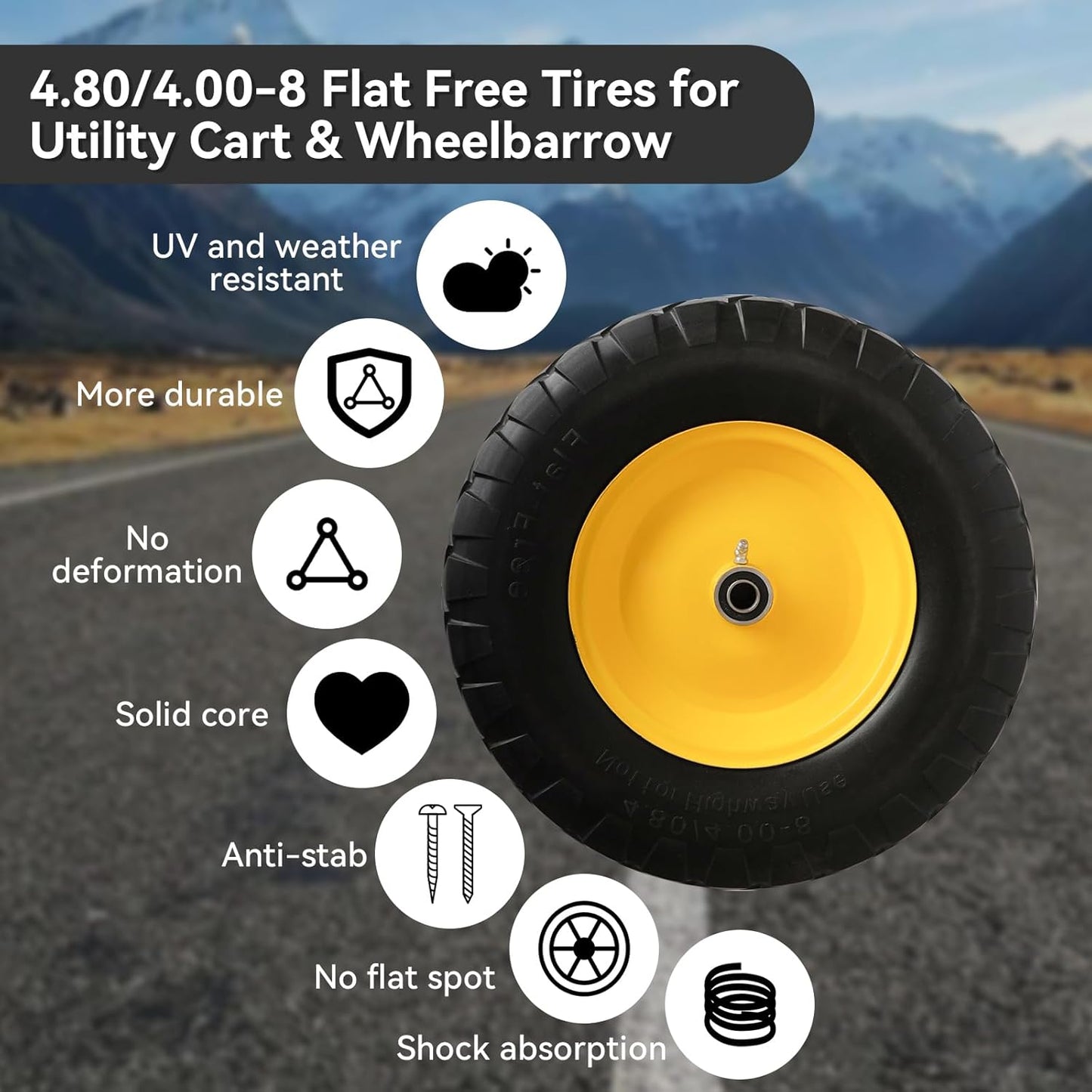 4.80/4.00-8" Tire and Wheel Assembly Set for Wheelbarrows, 5/8" or 3/4" Bore Wheelbarrow Tires for Utility Cart, Wheel Barrel, Wagon, Trailer, Dolly, 16" Solid Rubber Tires Without Flat Spots, 2 Pack