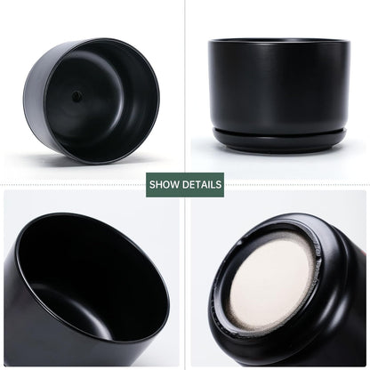 Ton Sin Plant Pots, 4.1+5.1+6.5 inch, Set of 3, Ceramic Planters with Drainage Hole and Saucer, Indoor Flower Pot Gifts for Mom（Matte Black）