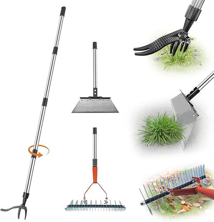Manual Weed pullerTool, Flat Shovel,Stainless Steel Thatch Rake with Adjustable Handle for Leaf & Moss & Edging & Ice & Snow Removal in Lawn,Driveways, Patios, Garden Cracks (1-3 Tools)