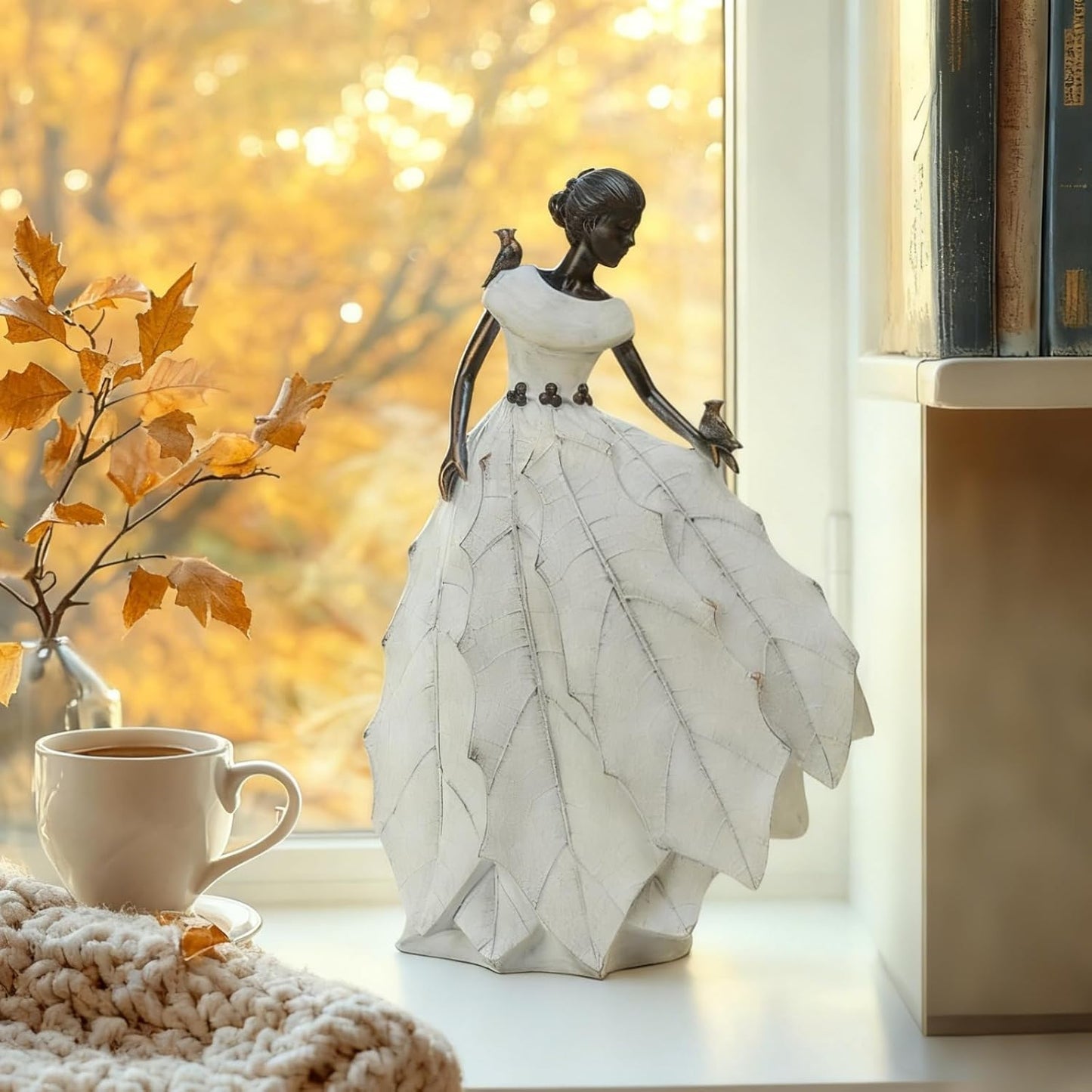 DiliComing Fairy Garden Accessories Outdoor Statue - 14.5 Inch Table Decor for Living Room Garden Maiden Bookshelf Decor Xmas Resin Holly Leaves Maiden White Statue