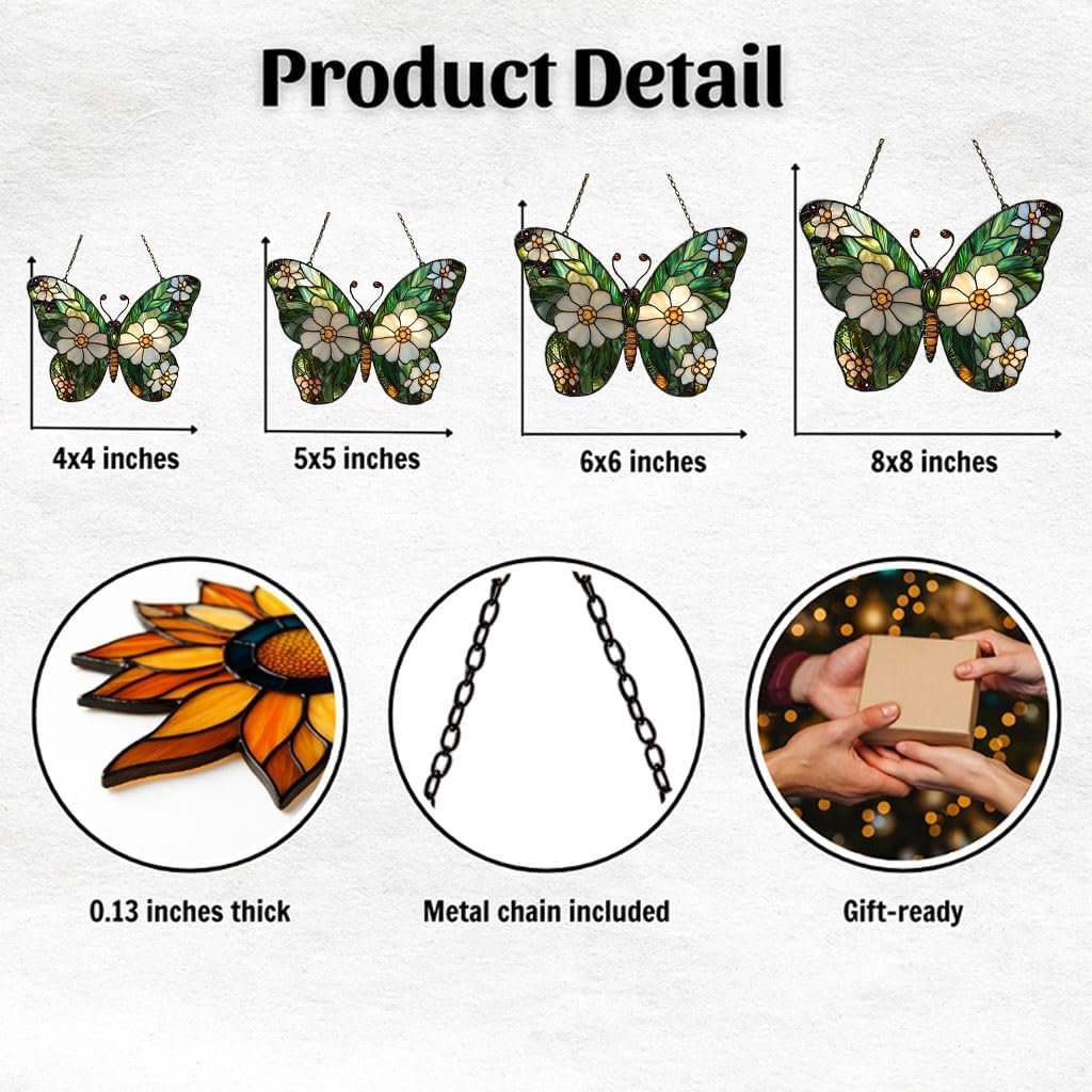 Daisy Fresh Butterfly Acrylic Suncatcher Stained Glass Effect Window Car Hanging Christmas Ornament Indoor Outdoor Decor Garden Sun Catcher Panel for Butterfly Lover for Women Mom Grandma