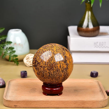 JIC Gem Real Natural Crystal Sphere Ball with Wooden Stand for Fengshui Golden Jade Healing Crystal Ball Decoation Meditation Energy Reiki Ball (90-100mm)