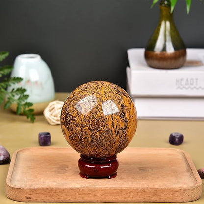 JIC Gem Natural Crystal Sphere Ball with Wooden Stand for Fengshui Golden Jade Healing Crystal Ball Decoation Meditation Energy Reiki Ball (110-120mm)