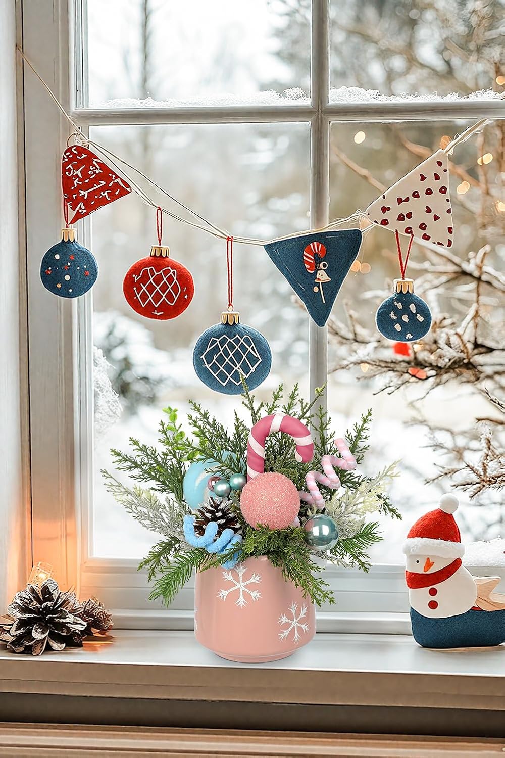 Christmas Centerpieces for Tables, Small Christmas Table Arrangements with Ceramic Vase Pink & Blue Winter Holiday Table Centerpiece with Pine Branches Candy Cane Decor for Tabletop Dinner Tables