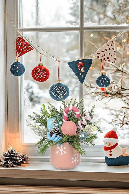 Christmas Centerpieces for Tables, Small Christmas Table Arrangements with Ceramic Vase Pink & Blue Winter Holiday Table Centerpiece with Pine Branches Candy Cane Decor for Tabletop Dinner Tables