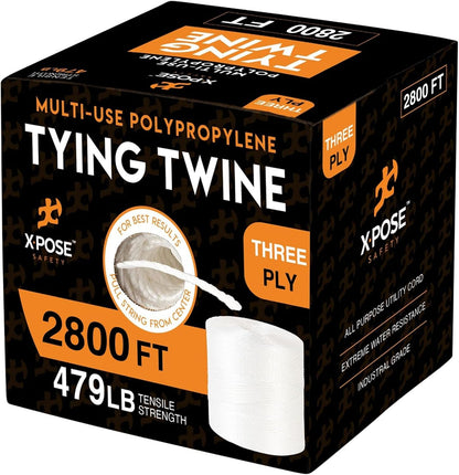 Polypropylene Tying Twine - 3 Ply White Plastic Poly Twine String 2800' Roll - Soft On Hands - Heavy Duty Outdoor & Indoor Tie Line - Baling, Shipping & Bundling Twine, Packaging Rope