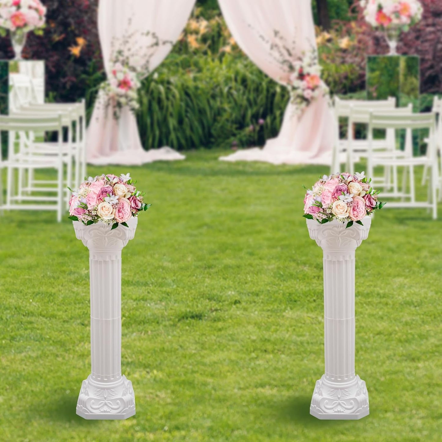 Roman Columns Wedding Column Stand Roman Pillar Plant Stand Plastic Greek Column Statue Pedestal Flower Pot Holder Decor, Wedding Event Party Elegant Decorative Column (White, 2Pcs, 10.63x34.65 Inch)