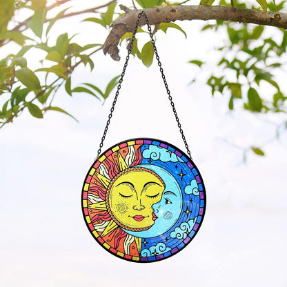 Sun and Moon Decor Stained Glass Boho Suncatcher for Windows Hanging Sun Moon Eclipse Celestial Decor for Garden Living Room Conservatory Witchy Gifts for Women Christmas Thanksgiving Gifts