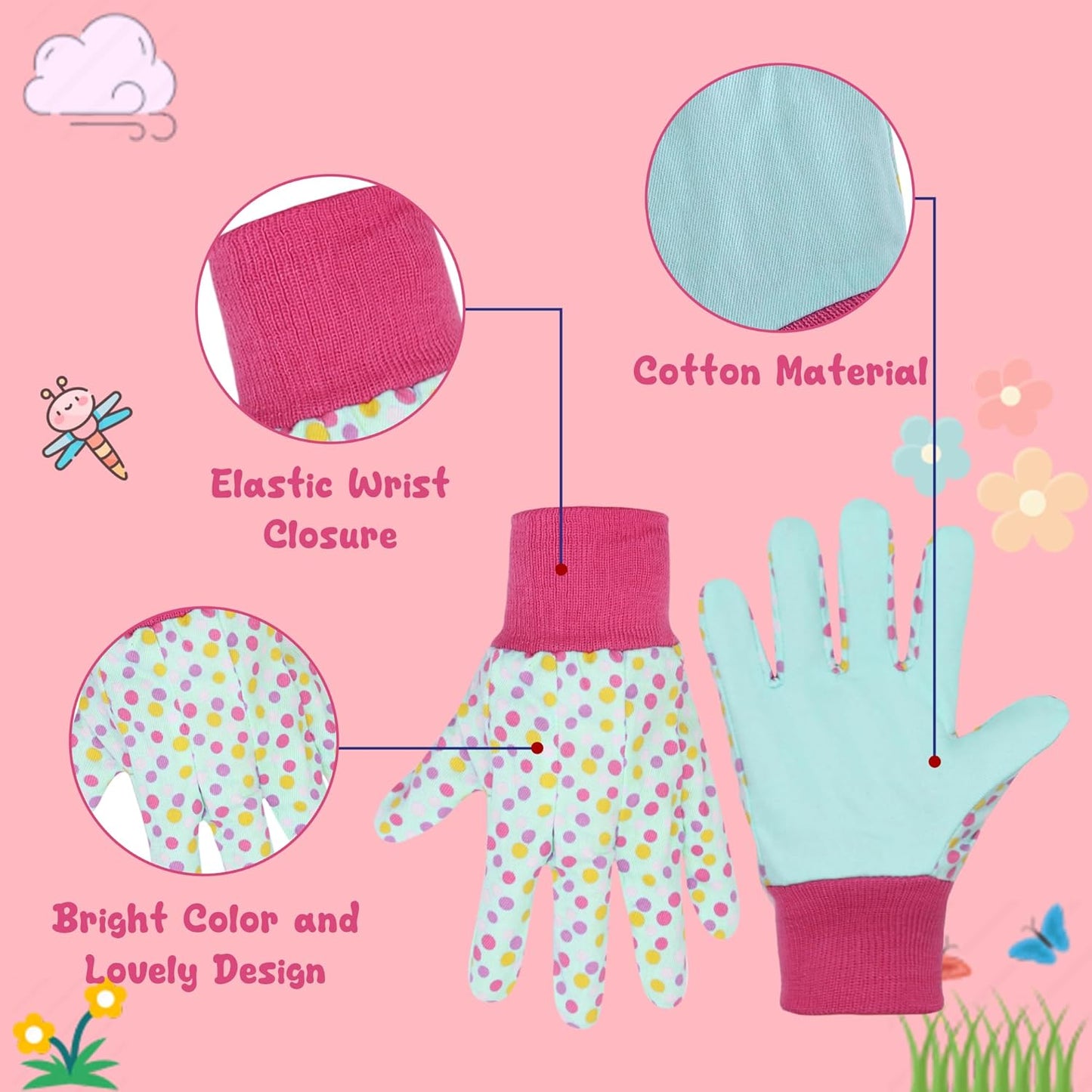 HANDLANDY 4 Pairs Kids Gardening Gloves, Girls Boys Children Garden Work Play Gloves (Pink Dot, Medium)