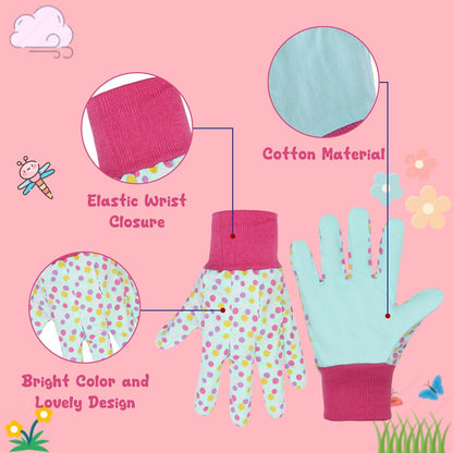HANDLANDY 4 Pairs Kids Gardening Gloves, Girls Boys Children Garden Work Play Gloves (Pink Dot, Medium)