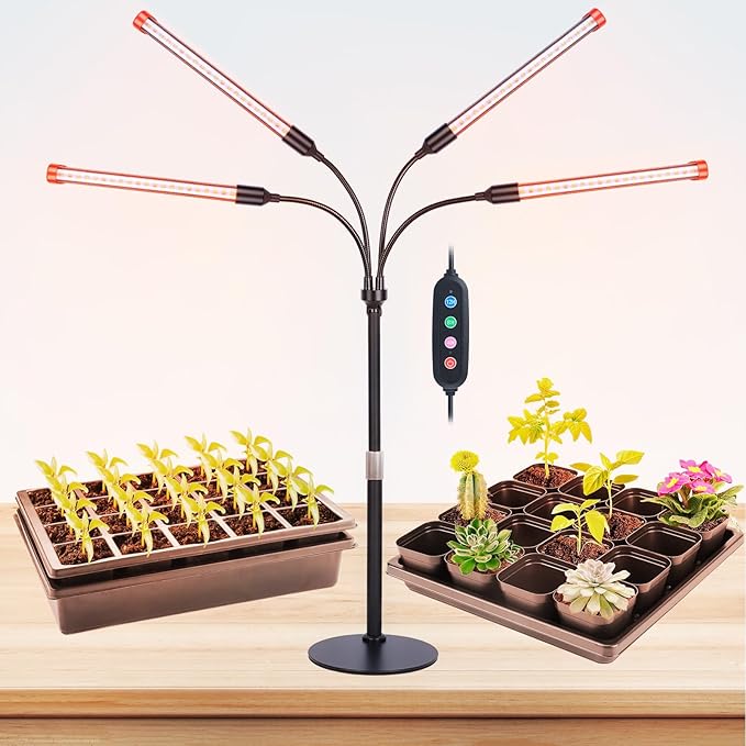 4-Head Table Top Grow Lights for Indoor Plants, Seed Starting, Bonsai with Timer, 36W Power Home Plug, FECiDA 2025 Full Spectrum Plant Growing Lamps, 16"-24" Height Adjustable