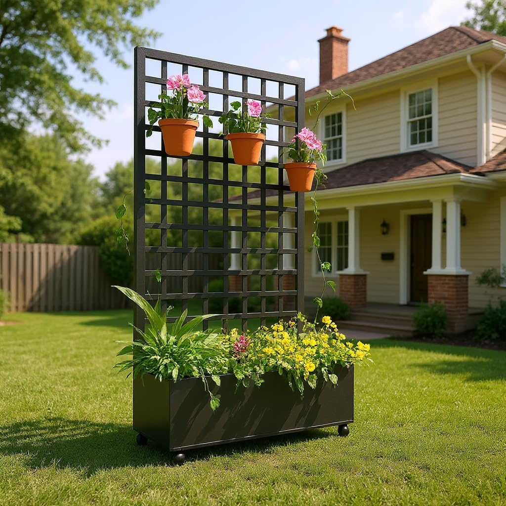 Metal Planter Box with Square Lattice Trellis - 72"x35" Galvanized Raised Garden Bed on Wheels for Climbing Plants and Vines, Black Finish