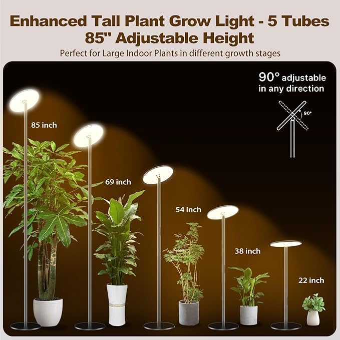 40W Full Spectrum Tall Grow Light, 85’’ Adjustable Standing Plant Light for Indoor Plants, 10-Level Dimmable with 4/8/12H Timer, Sunlike for Large Plants & Indoor Trees