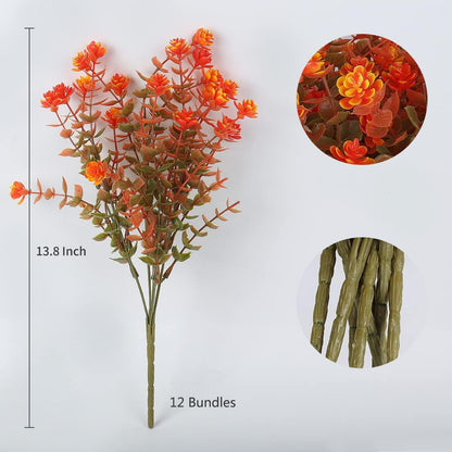 12 Bundles Artificial Outdoor Flowers UV Resistant Fake Plastic Plants No Fade Faux Fall Flowers for Hanging Planter Garden Porch Patio Window Box Wedding Thanksgiving Halloween Decor(Green Orange)