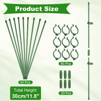 uxcell 40pcs Plant Support Stakes, 11.8inch Adjustable Single Stem Stakes Garden Plant Support Sticks with Clip and Connect Pipe for Orchid Rose Tomato