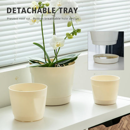 5 Pack Plastic Planters with Drainage, Self Watering Pots for Indoor Plants, Small Cute Plastic Pots in 5 Sizes, Ideal for Indoor Plants (Cream White)