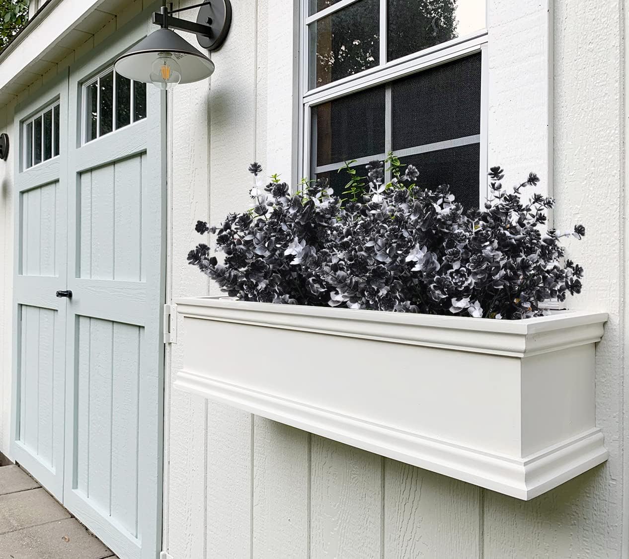 Black Artificial Flowers, Fake Outdoor UV Resistant Plants Faux Plastic Greenery Shrubs Indoor Outside Hanging Planter Home Kitchen Office Wedding, Garden Decor (White+Black)