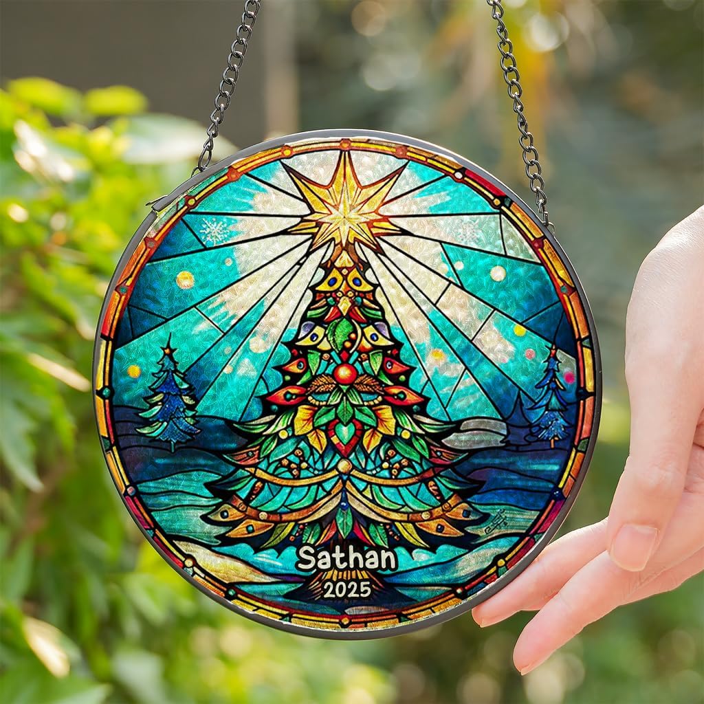 Personalized Stained Glass Christmas Tree Suncatcher, Christmas Handcraft Holiday Ornament with Name and Number, Gift for Family or Friend, Gift for Décor