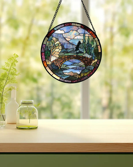 Stained Glass Window Hanging, Blue Landscape Arch Bridge Sun Catcher for Door Home Decor Suncatcher