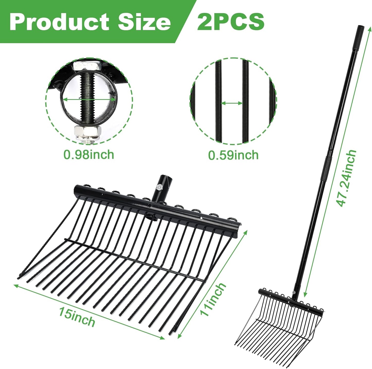 lukar 2 Sets Metal Manure Fork with Long Metal Handle, 18 Tines Manure Fork Head Horse Manure Rake, Heavy Duty Gardening Muck Rake for Picking Up Manure, Grass and Hay