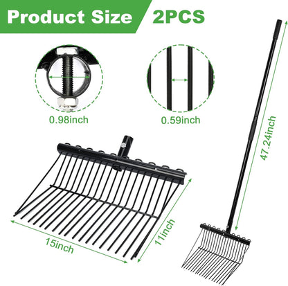lukar 2 Sets Metal Manure Fork with Long Metal Handle, 18 Tines Manure Fork Head Horse Manure Rake, Heavy Duty Gardening Muck Rake for Picking Up Manure, Grass and Hay