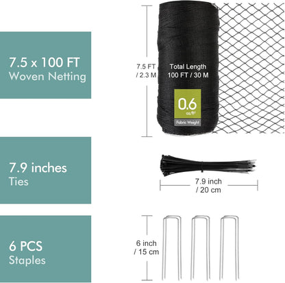 Bird Netting for Garden, Fetanten 7.5 x 100 FT Netting for Garden Protection Vegetables Fruit Trees Blueberry from Birds Deer Poultry, Heavy Duty Woven Mesh Net Animal Fencing with Ties and Staples