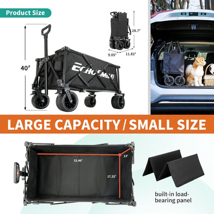 EchoSmile Collapsible Folding Wagon Cart with Compact Storage - 400LBS Capacity All Terrain Utility Cart for Camping, Beach, Grocery, Gardening - Black Outdoor Wagon