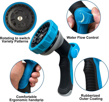 100Ft Non-Expandable Garden Hose, Flexible Water Hose with 10-Pattern Spray Nozzle, Lightweight Hose Pipe, Kink-Free, Leak-Proof, 3/4" Solid Metal Fittings (Blue)