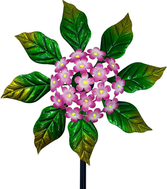 Solar Glow Garden Wind Spinner Outdoor, 13" W Flower Metal Wind Spinner & Sculptures with Fluorescent Coating, Kinetic Windmill for Yard Lawn Patio Decor, Pink