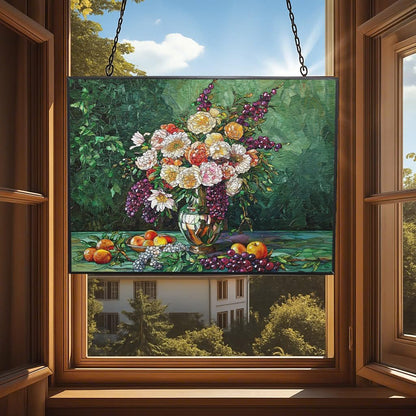 Customized Rectangle Flower Vase with Fruit Stained Glass Window Hangings, Handcrafted Stained Glass Suncatchers, Gift for Cat Lovers Nature Lovers 15"x11"