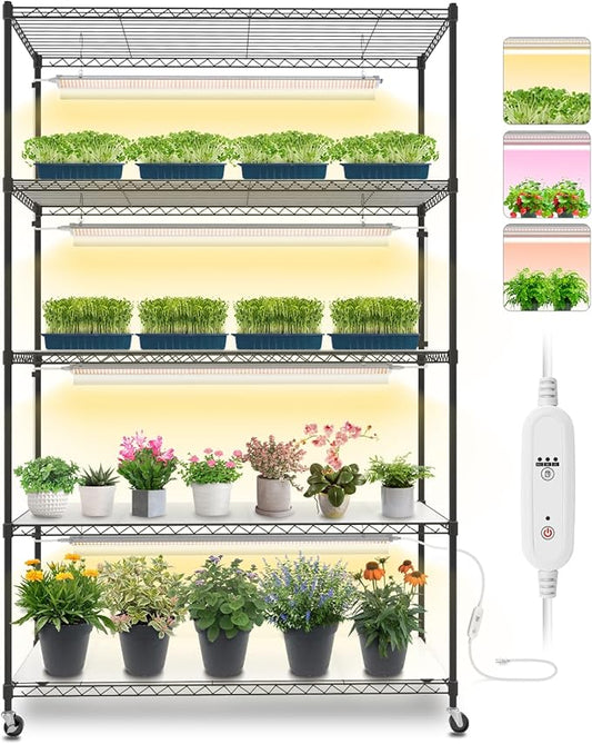 Bstrip Plant Shelf with Grow Lights, 5 Tier Large Tall Plant Stand with 3FT T5 144w Grow Light for Indoor Plants, 3 Mode Full Spectrum LED Plant Light with wheel and Timer for Seedling, 47.2x17.8x71IN