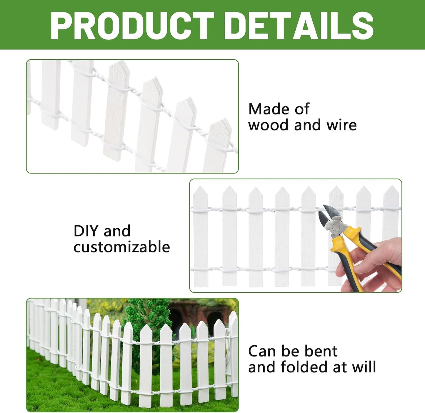 4 Pcs 35 Inch Fairy Garden Decor Mini Fence, Wood Picket Fence for Fairy Garden Supplies, Small Picket Fence for Doll House Decor DIY Crafts Plant Pot Micro Landscape Ornaments