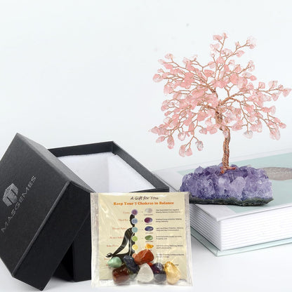 Natural Rose Quartz Crystal Tree with Amethyst Geode Base,Positive Energy Chakra Tree Healing Crystals Feng Shui Bonsai Home Decor 5.5"-6.3"