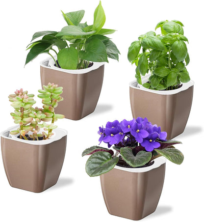4 Pack Self Watering Pots 4-inch Decorative Flower Planters for Indoor Plants Modern Square planters for Small Plants Window Sill Planters for Succulents, African Violets, Herbs(Sliver Gold)