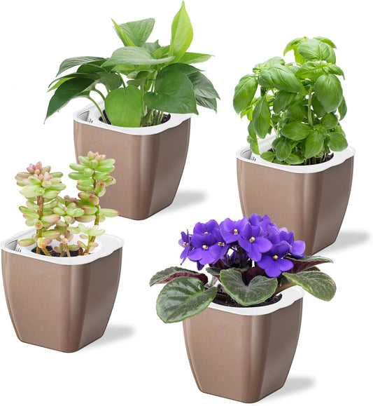 4 Pack Self Watering Pots 4-inch Decorative Flower Planters for Indoor Plants Modern Square planters for Small Plants Window Sill Planters for Succulents, African Violets, Herbs(Sliver Gold)