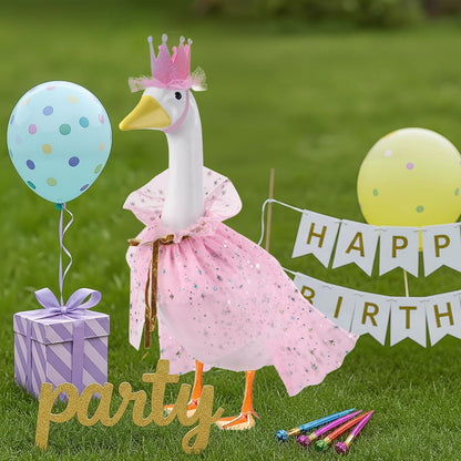 Birthday Porch Goose Outfits for 23" 17" Cement Plastic Lawn Goose Happy Birthday Hat and Cape for Outdoor Yard Garden Art Decor (Pink)